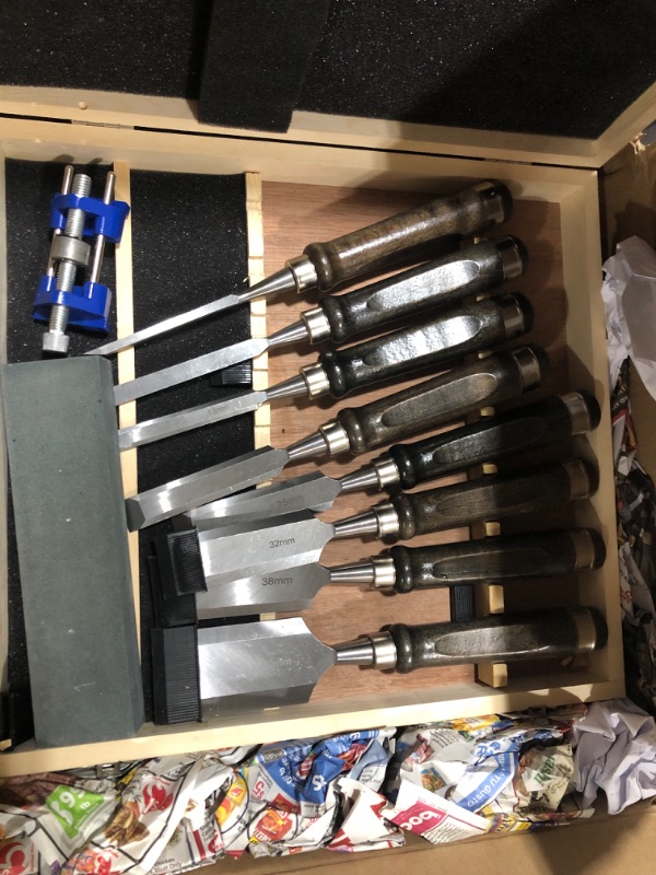 Photo 1 of 10-Pieces Woodworking Wood Chisel Set with Wooden Box, Honing Guide, Sharpening Stone, Razor Sharp CR-V 60 Steel Blades
