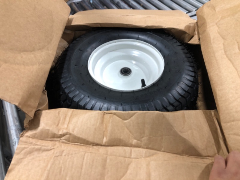 Photo 2 of (2-Pack) 16x6.50-8 Tubeless Tires on Rim - Universal Fit Riding Mower and Yard Tractor Wheels - With Chevron Turf Treads - 3” Offset Hub and 3/4” Bearings - 4 Ply with 615 lbs Max Weight Capacity 16x6.50-8 Tubeless White