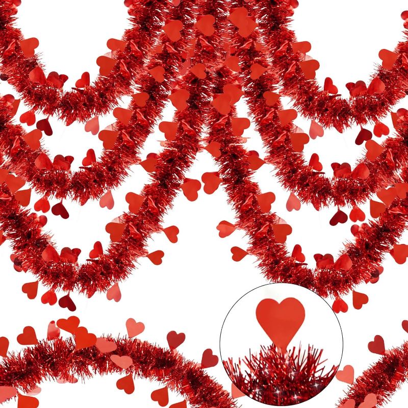 Photo 1 of 66 FT Valentine Heart Tinsel Garland 2 Strings Red Valentines Heart Tinsel Garland Twist Metallic Hanging Garland Valentine's Day Tree Indoor Outdoor...
