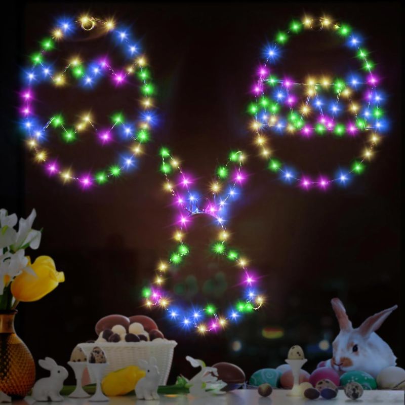 Photo 1 of BRIGHTDECK 3 Pack Easter Window Lights Decorations,Egg Bunny Shaped Hanging Lights with 8 Modes Iron Led Lighted String Lights Gifts for Kids Home Party...
