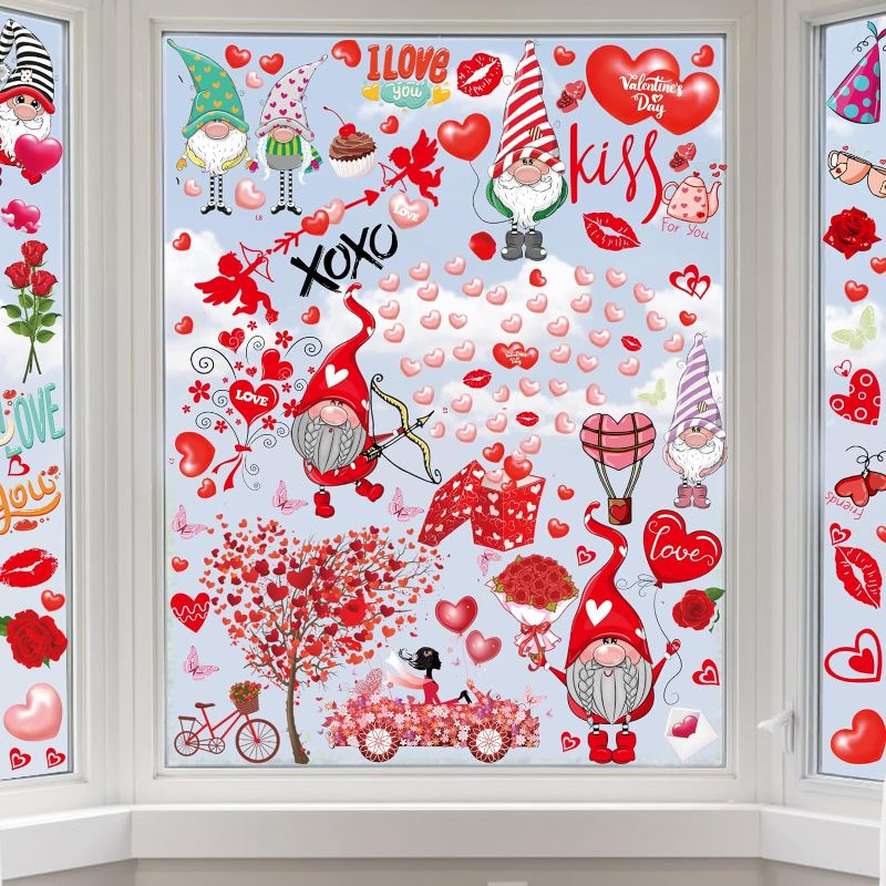Photo 1 of Valentines Day Window Clings Decor, 9 Sheets Valentines Heart Tree Gnomes Decorations Reusable Double-Sided Valentine Window Clings Decoration for Home Glass Windows
