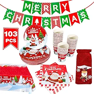 Photo 1 of 103PCS Christmas Party Supplies Dinnerware Sets Serves 25, Disposable Christmas Decor Tableware Set Paper Plates Cups Napkins Tablecloths Christmas Banner Wine Cover