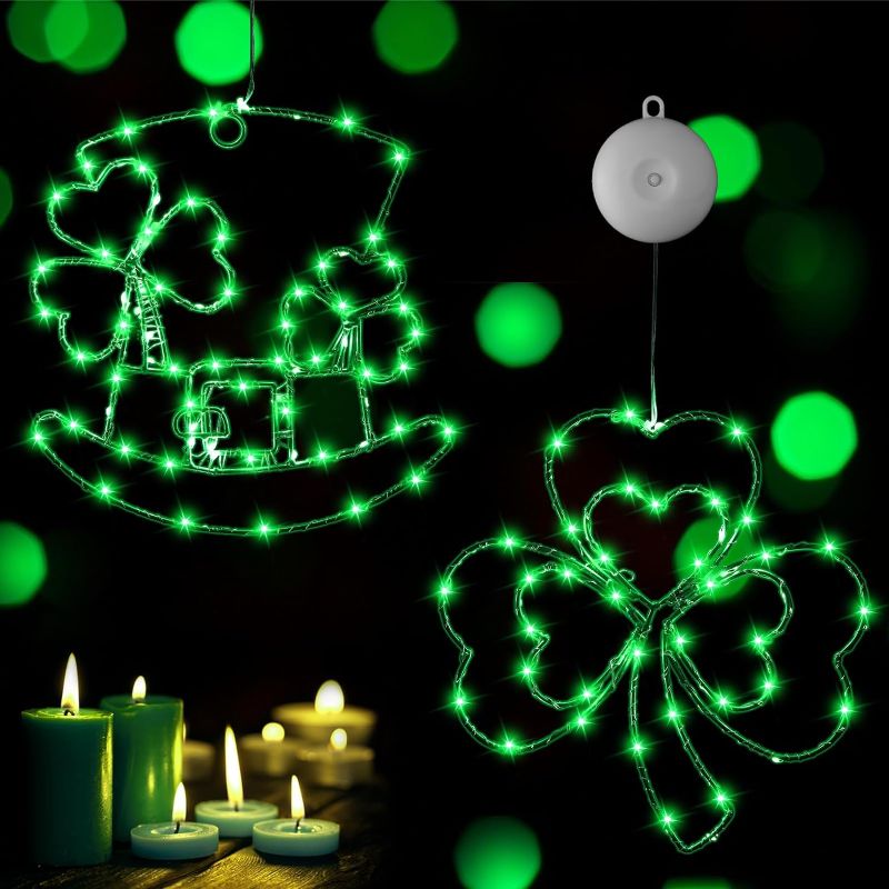 Photo 1 of 2 Pack St. Patrick's Day String Lights Window Lights up Metal Irish Shamrock Hat LED Window Light Green Iron Frame Silhouette Light for St Patrick's Day Home Party Wall Decor(Fresh Style)
