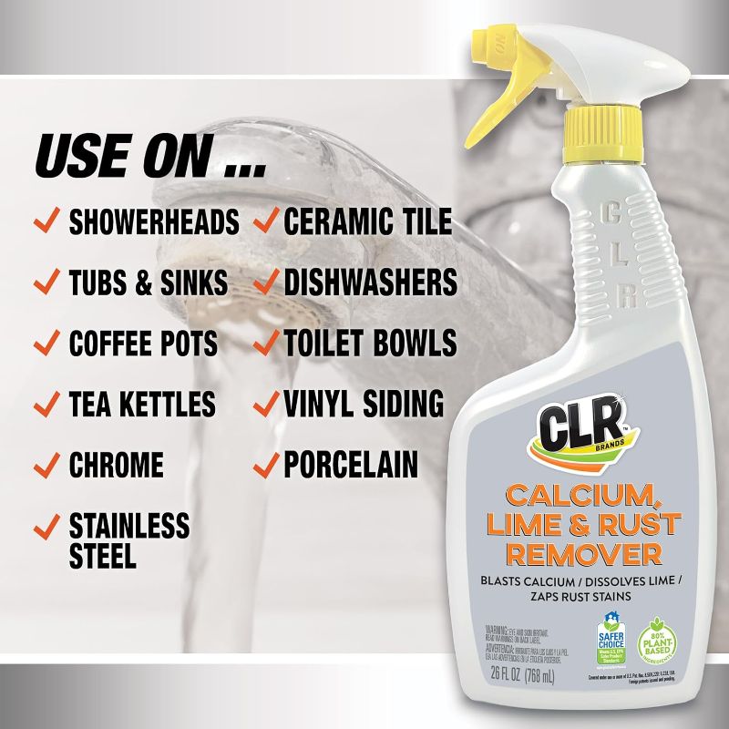 Photo 1 of CLR Calcium, Lime & Rust Remover, Blasts Calcium, Dissolves Lime Deposits, Zaps Stubborn Rust Stains and Hard Water Deposits, 26 Ounce Spray Bottle (Pack of 1)