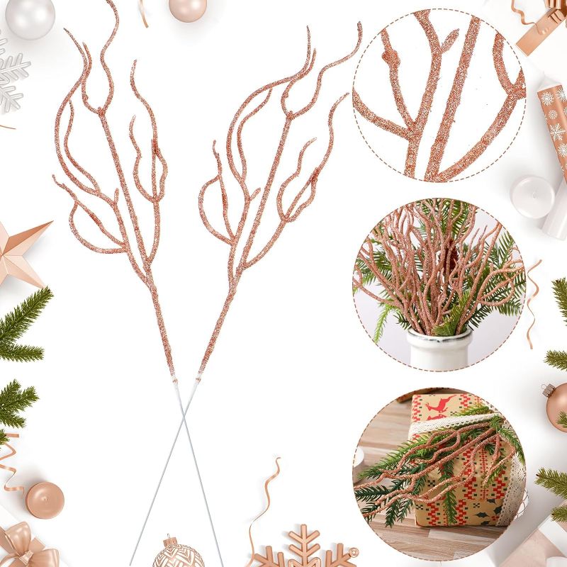 Photo 1 of 30 Pcs Glitter Christmas Tree Pick 13.7 x 2.7 Inch Curly Tall Tree Filler Branches Christmas Tree Sprigs and Twigs Decorations for Vase Christmas Tree Xmas Gift Wedding Decoration (Rose Gold)