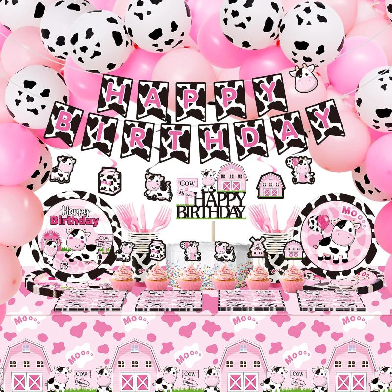 Photo 1 of Bokon 262 Pcs Cowgirl Birthday Party Supplies Pink Cow Birthday Plates Cow Tablecloth Tableware Balloons Banner Hanging Swirls for Girl Cow Farm Birthday Baby Shower Party Favors