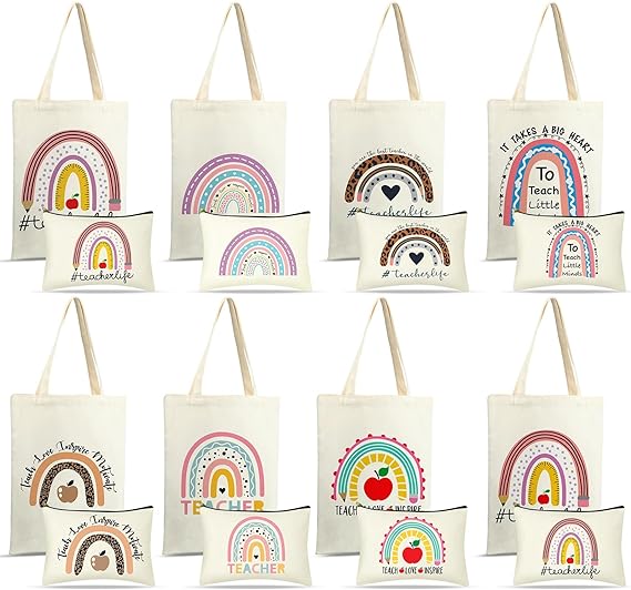 Photo 1 of 16 Pcs Christmas Teacher Appreciation Gifts Bag Set 8 Teacher Rainbow Canvas Tote Bag 8 Makeup Pouch Cosmetic Bag Gift
