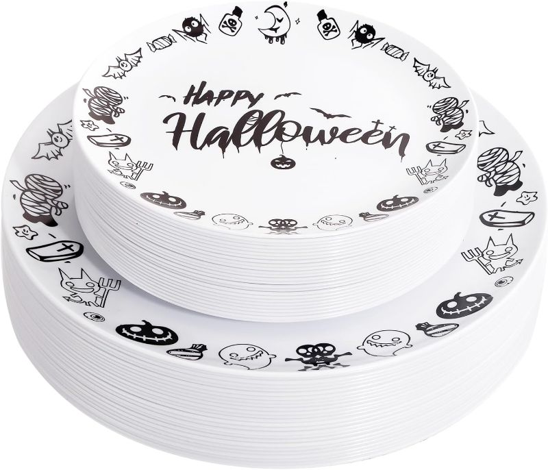 Photo 1 of YOUBET 60Pieces Halloween Plates-Happy Halloween Plastic Plates-White and Black Disposable Plates-30Dinner Plates 30Dessert Plates-Perfect for Halloween/Parties
