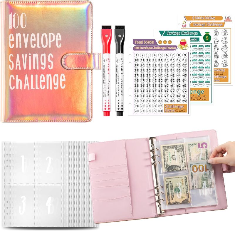 Photo 1 of 100 Envelope Challenge Binder, Reusable Savings Challenge Book with Sheets Numbered Pockets & Dry Erase Marker, A5 Money Saving Budget Tracker to Save $5,050 (OrangePink)
