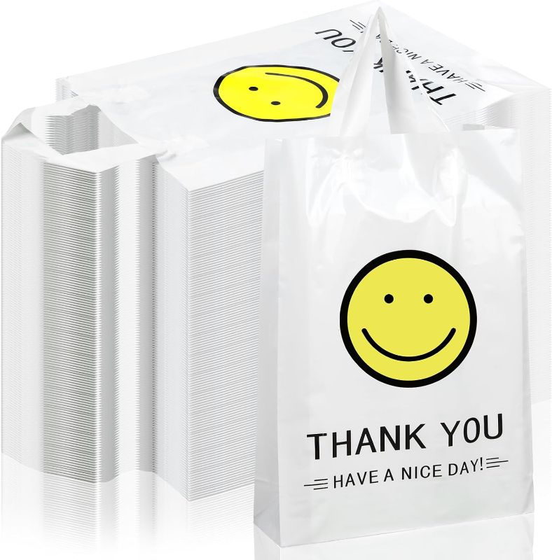 Photo 1 of 200 Pack Thank You Bags Bulk Happy Face Gift Bags with Handle Have a Nice Day Reusable Grocery Boutique Shopping Totes Bag for Retail Stores Party Supplies, 12.6" x 9.84" x 3.15"
