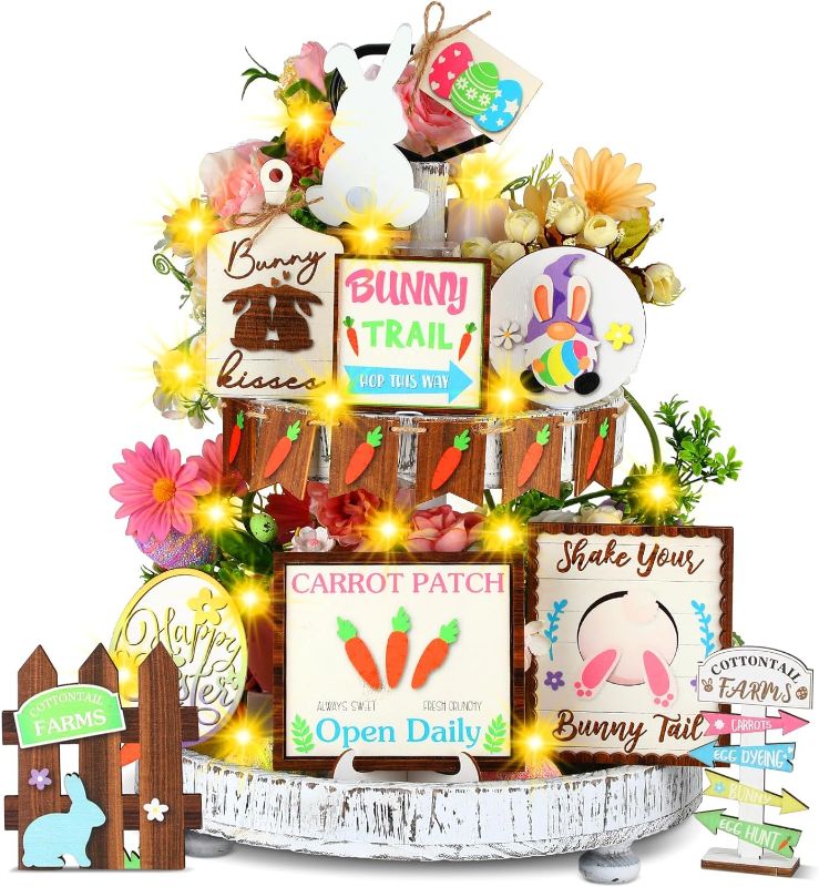 Photo 1 of 16 Pcs Christian Easter Tiered Tray Decor Bunny Tiered Tray Decoration Set with LED String Light Easter Decorations He is Risen Cross Carrot Egg Wooden Table Signs for Home Decor (Bunny)
