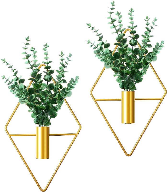 Photo 1 of 2 Pieces Diamond Shape Hanging Planters with Artificial Aquatic Plants Metal Vase Indoor Holder Modern Geometric Wall Decor for Home Living Room Office (Gold, Eucalyptus)
