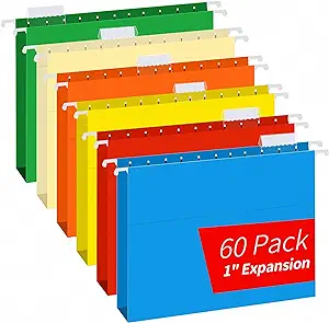 Photo 1 of Extra Capacity Hanging File Folders, RAZCC 60 Pack Letter Size Reinforced Hanging Folders with Heavy Duty 2 Inch Expansion for Bulky Files, Filing Cabinet, Adjustable Tabs, Assorted Colors