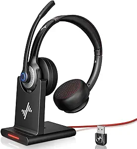 Photo 1 of Wireless Headset with AI Noise Cancelling Microphone Bluetooth Headset - Bluetooth V5.2 Headphones with USB Dongle, Charging Base & Mic Mute for Computer/Laptop/PC/iPhone/Android/Cell Phones