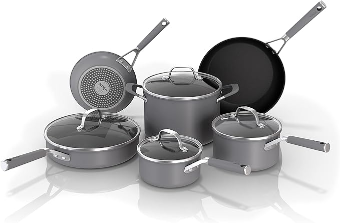 Photo 1 of T-FALL Comfort Grip 10-Piece Cookware Set,, Durable, Scratch Resistant, Dishwasher Safe, Oven Safe to 400°F, Silicone Handles, Grey
