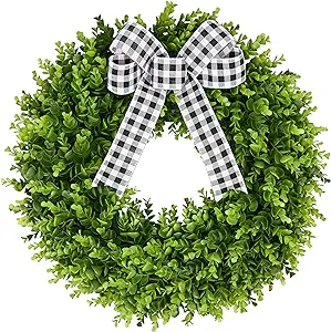 Photo 1 of 23" Faux Round Boxwood Wreath, Vlorart Artificial Wreath Front Door Wreaths Spring Summer Greenery Hanging with A Plaid Bow for Front Door Wall Hanging Window Wedding Party Decor