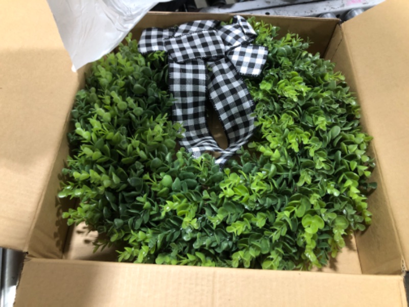 Photo 3 of 23" Faux Round Boxwood Wreath, Vlorart Artificial Wreath Front Door Wreaths Spring Summer Greenery Hanging with A Plaid Bow for Front Door Wall Hanging Window Wedding Party Decor