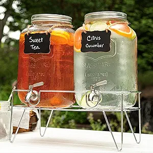 Photo 1 of 2 Gallon Drink Dispensers for Parties, Beverage Dispenser with Stand Stainless Steel Spigot Large Glass Drink Dispenser Lemonade Dispenser for Parties Water Juice Dispenser Punch (2 Pack)