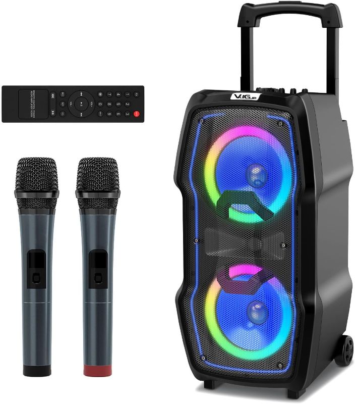 Photo 1 of Karaoke Machine for Adults & Kids with 2 Wireless Microphones, Portable Bluetooth Speaker PA System with Dual 8'' Subwoofers, Colorful LED Lights, for Home Karaoke, Party, Stage Performance
