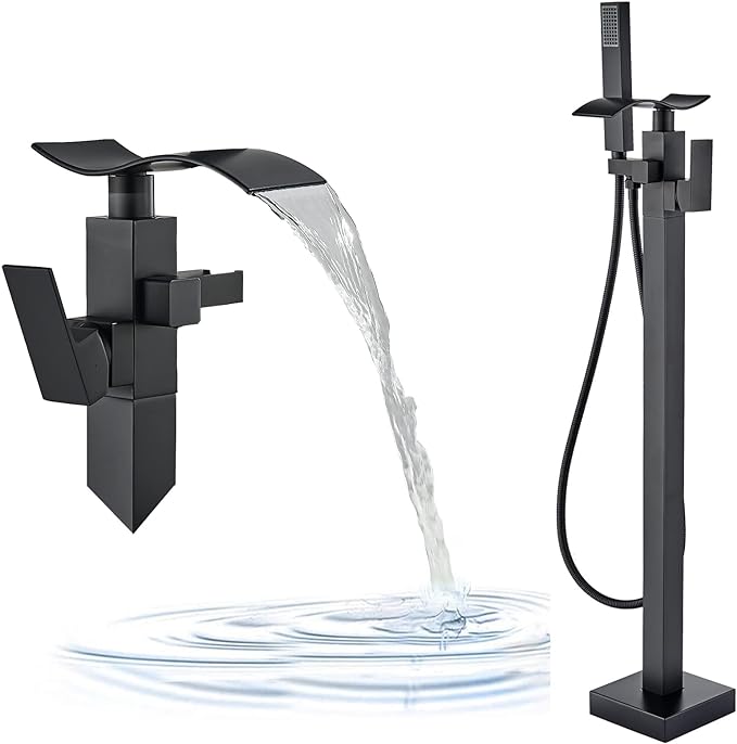 Photo 3 of ?????? ???????????? ??????? ?????? Tub Filler Matte Black Floor Mount Waterfall Spout Single Handle Standing High Flow Shower Faucets with Handheld Shower