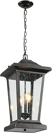 Photo 1 of Large Outdoor Pendant Light, 3-Light Outdoor Chandelier, Retro Exterior Hanging Lantern, Hanging Outdoor Light Fixture for Porch, Seeded Glass Sheet with Matte Black Finish