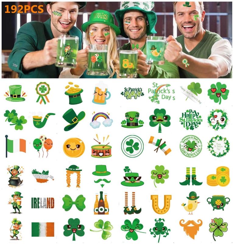 Photo 1 of 192Pcs St.Patricks Day Tattoos - 48 Glitter Design with Shamrock Tattoos for Kids and Adults
