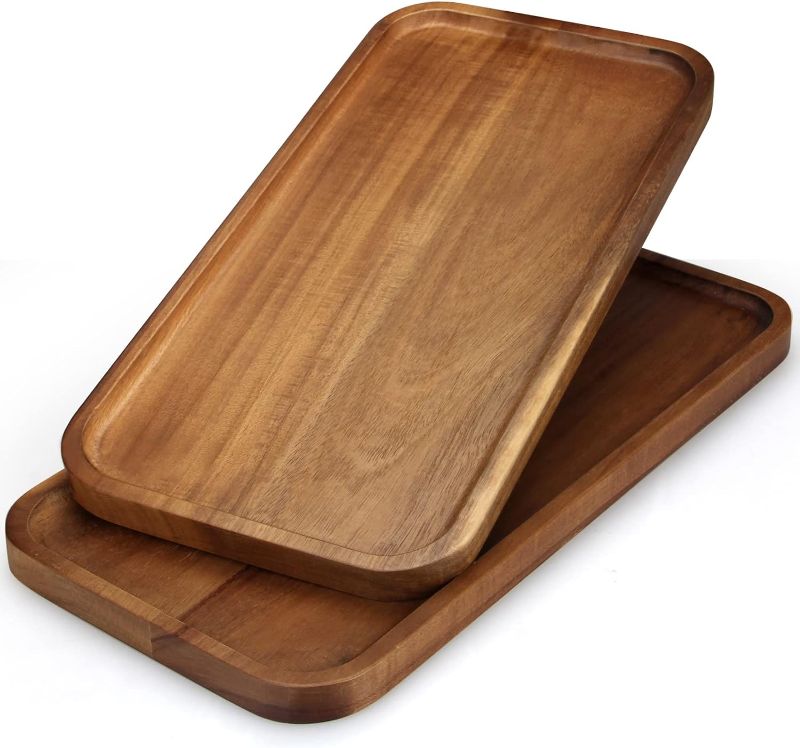 Photo 1 of 2 PCS Solid Acacia Wood Serving Trays Rectangular Wooden Serving Platters Natural Wooden Boards for Bar Coffee Party 15.7 * 7.08 inch