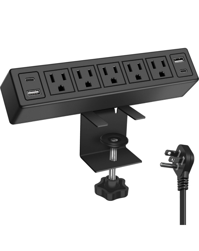 Photo 1 of Desk Clamp Power Strip with PD20W USB-C,Total 40W Fast Charging Desk Edge Power Strip Surge Protector 1200J,Desk Mount Power Strip,5 Outlets,2 USB-C,2 USB-A,6FT 45° Ultra Flat Plug,Fit 1.65" Tabletop