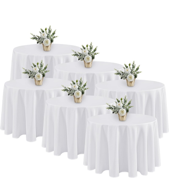 Photo 1 of Fitable 6 Pack White Round Tablecloths - 120 Inches in Diameter - Stain Resistant and Washable Table Clothes, Polyester Fabric Table Covers for Wedding, Party, Banquet, Formal Events
