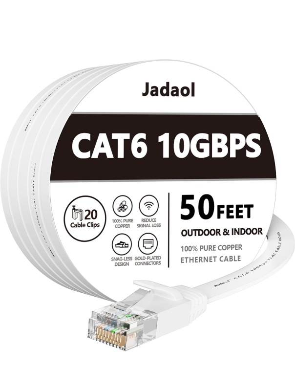 Photo 1 of Jadaol Cat 6 Ethernet Cable 50 ft, Outdoor&Indoor 10Gbps Support Cat8 Cat7 Network, Flat High Speed RJ45 Internet LAN Computer Solid Patch Cord with Clips for Router, Modem, PS4/5, Xbox, Gaming, White