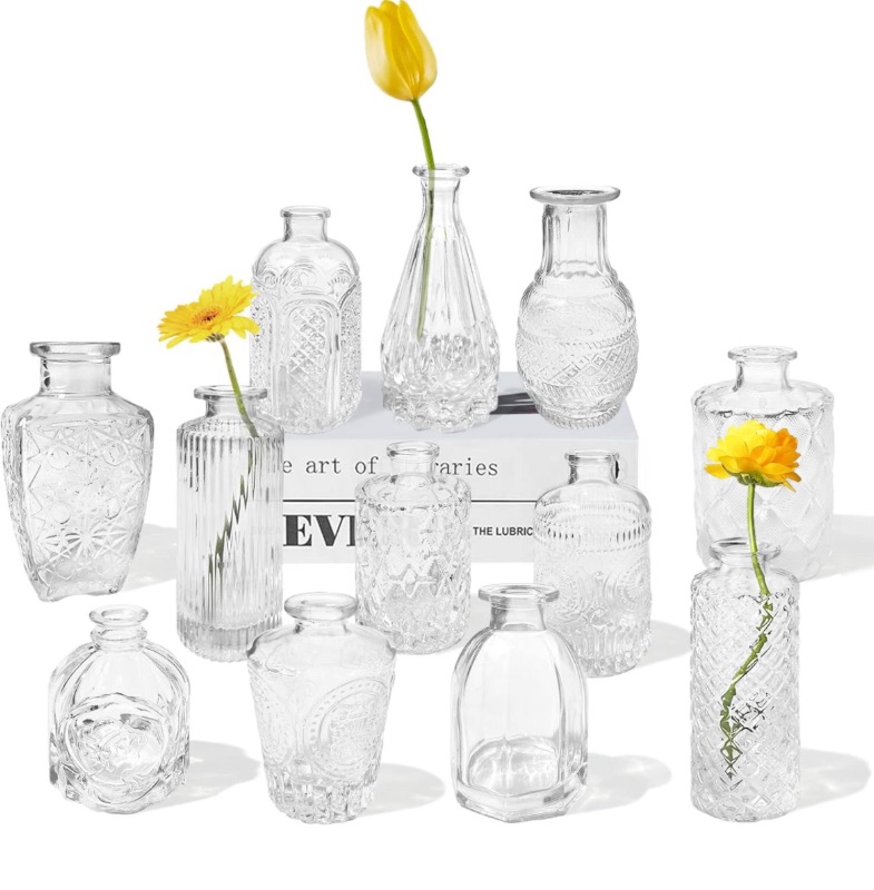 Photo 1 of 12 Glass  Vases Set,Clear Bud Vases in Bulk,Small Vases for Centerpieces,Mini Vintage Vase for Flowers,Rustic Wedding,Home Table Decorations