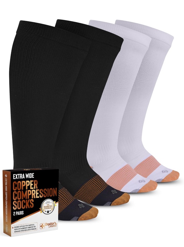 Photo 1 of Doctor's Select Copper Plus Size Compression Socks Wide Calf - Up to 6XL | Black & White Compression Socks for Women Plus Size for Traveling & Running | Compression Socks Men Wide Calf