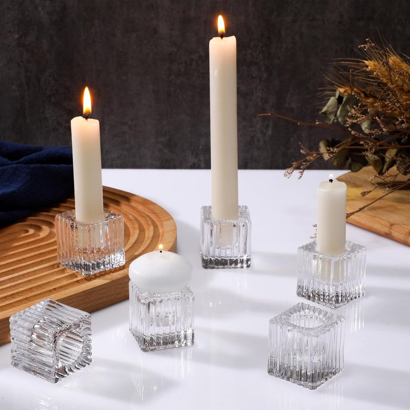 Photo 1 of 6 Pcs Glass Taper Candle Holders Bulk 1.5 Inch Clear Small Glass Candlestick Holders for 0.98 Inch Tapered Stick Candle Square Candlestick Holders for Valentine's Day Wedding Table Centerpiece