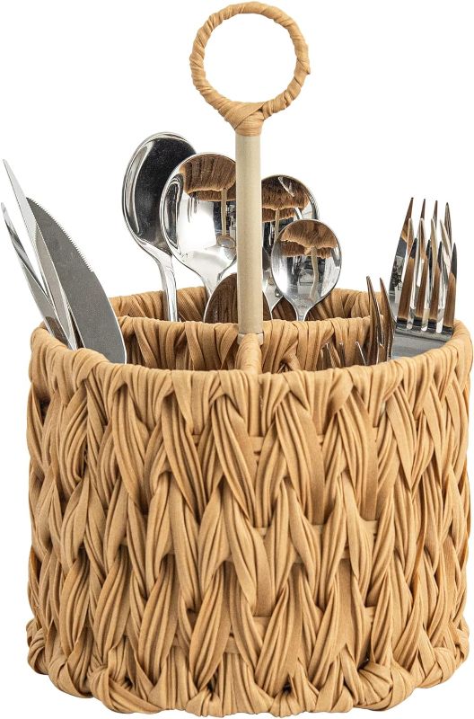 Photo 1 of  GRANNY SAYS Flatware Organizer, Kitchen Utensil Holder for Countertop, Caddy Organizer with Handle, Wicker Silverware Caddy with 3 Compartments, Nature 