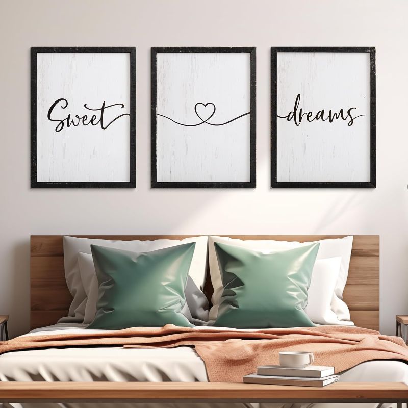 Photo 1 of Sweet Dreams Wall Decor Above Bed 16''×12'' Set of 3 Farmhouse Bedroom Decor Wood Guest Room Decor Framed Wall Art (black frame) 