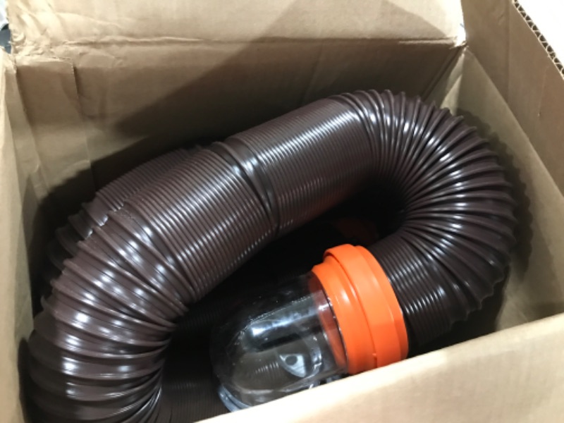 Photo 2 of Camco RhinoFLEX RV Sewer Hose Kit with Swivel Transparent Elbow and 4-in-1 Dump Station Fitting, Brown, 15 Feet (39770) 15ft Sewer Hose Kit Frustration