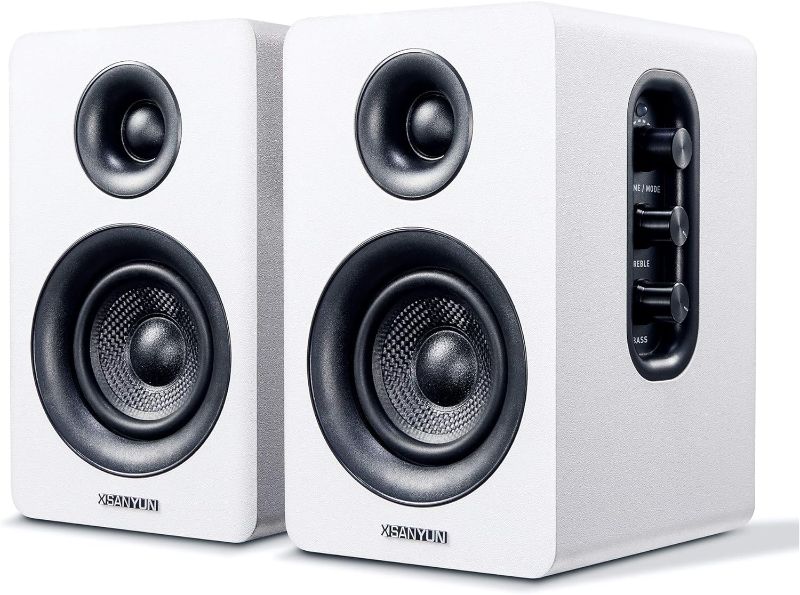 Photo 1 of SW208 3" Active Bluetooth 5.0 Bookshelf Speakers – 60W Carbon Fiber Speaker Unit - Built-in 24bit DAC Dynamic 3D Surround Sound 2.0 Computer PC Monitor Gaming (Pair, White)
