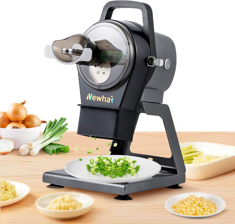 Photo 1 of Newhai Commercial Spring Onion Slicer Scallion Cutter Shredder Electric Vegetable Cutter for Garlic Ginger Chili Potato with 3 Inlets, 1-5mm Thickness, 304 Stainless Steel Blade, 6000BPM, 200W
