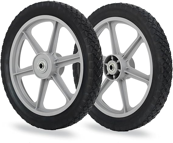 Photo 1 of 14 x 1.75'' Rubber Tire and Spoked Plastic Wheel, 2.5" Hub Length, 1/2" Axle Bore, for Lawn mower Trolley Dolly Wheel Replacement, 2 Pack
