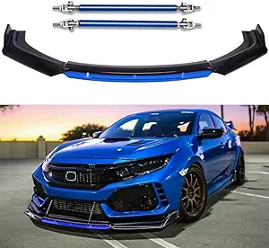 Photo 1 of 4PCS Universal Car Front Bumper Lip Body Kit Splitter Spoiler Diffuser Protector with Adjustable 8"-11" Support Splitter Rods (Blue) - Gloss Black,Blue Tongue