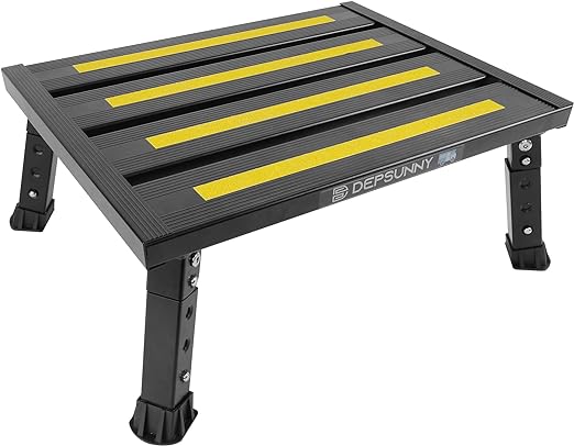 Photo 1 of 
Adjustable Height Aluminum RV Step, Stable Foldable Platform Step Stool, Supports Up to 1,000 lb, Non-Slip Rubber Feet and Platform Mat, Easy to Carry (Black)