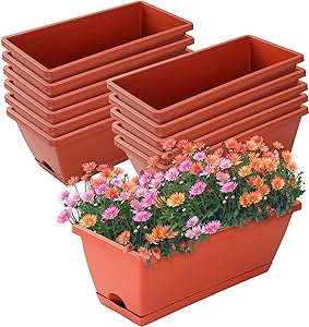 Photo 1 of 12 Pack 17 inches Rectangle Windowsill Planters with Drainage Tray Plastic Flower Herb Planters for Outdoor Indoor Plants, Boxes Planters for Patio Garden Porch Yard Home Deco