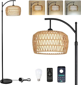 Photo 1 of **MISSING REMOTE** Boho Floor Lamp for Living Room, Industrial Standing Lamp with Handmade Rattan Natural Bamboo Lantern Mini Shade, Tall Pole Light with E26 Socket for Bedroom, Farmhouse,Black(NO Bulb)
