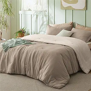 Photo 1 of Bedsure Bedding Comforter Sets King, Reversible Khaki Prewashed Bed Comforter for All Seasons, 3 Pieces Warm Soft Bed Set, 1 Lightweight Comforter (104"x90") and 2 Pillowcases (20"x36") King 14 - Khaki/Beige