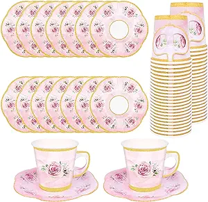 Photo 1 of 100 Pcs Paper Tea Cups and Plates Pink Floral Paper Teacups and Saucer Sets Disposable Tea Party Decorations with Gold Rim for Hot and Cold Drinks for Wedding Birthday Baby Shower Tea Party, Serve 50