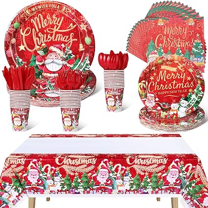 Photo 1 of 169 Pcs Christmas Party Supplies Xmas Dinnerware Set Christmas Decor Tableware Kit Disposable Plates Forks Spoons Cups Napkins and Plastic Tablecloths for Merry Christmas Party Decorations, Serve 24