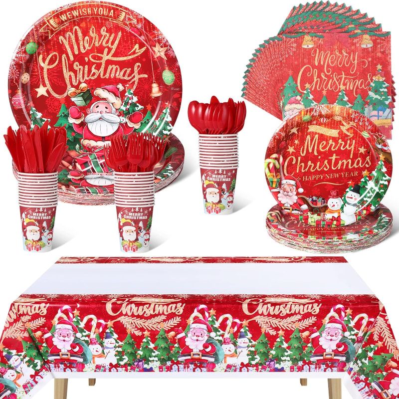 Photo 1 of 169 Pcs Christmas Party Supplies Xmas Dinnerware Set Christmas Decor Tableware Kit Disposable Plates Forks Spoons Cups Napkins and Plastic Tablecloths for Merry Christmas Party Decorations, Serve 24 