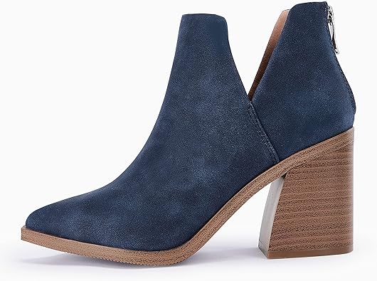 Photo 1 of FISACE Womens Pointed Toe Stacked Mid Heel Ankle Boots V Cut Back Zipper Faux Leather Booties
