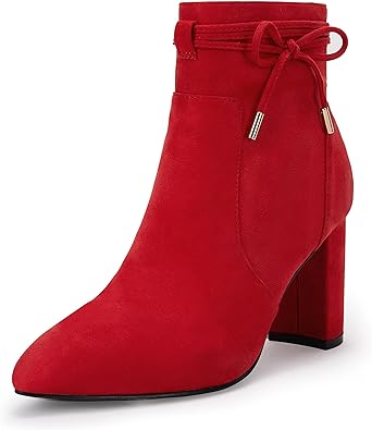 Photo 1 of Coutgo Womens Pointed Toe Ankle Boots Blocked Mid Heel Bow Side Zipper Faux Suede Chelsea Booties
