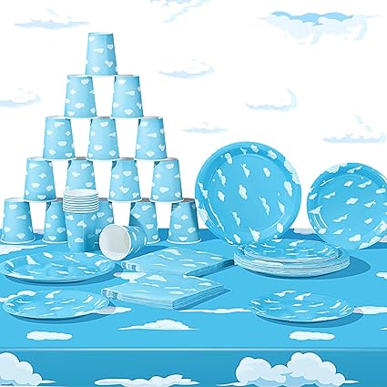 Photo 1 of Queekay 122 Pcs Sky Clouds Tableware Serves 48 Guests Plates Napkins Cups Supplies Sky Clouds Set Birthday Decoration Disposable Sky Table Plastic Tablecloth Decor Disposable for Party (Sky)